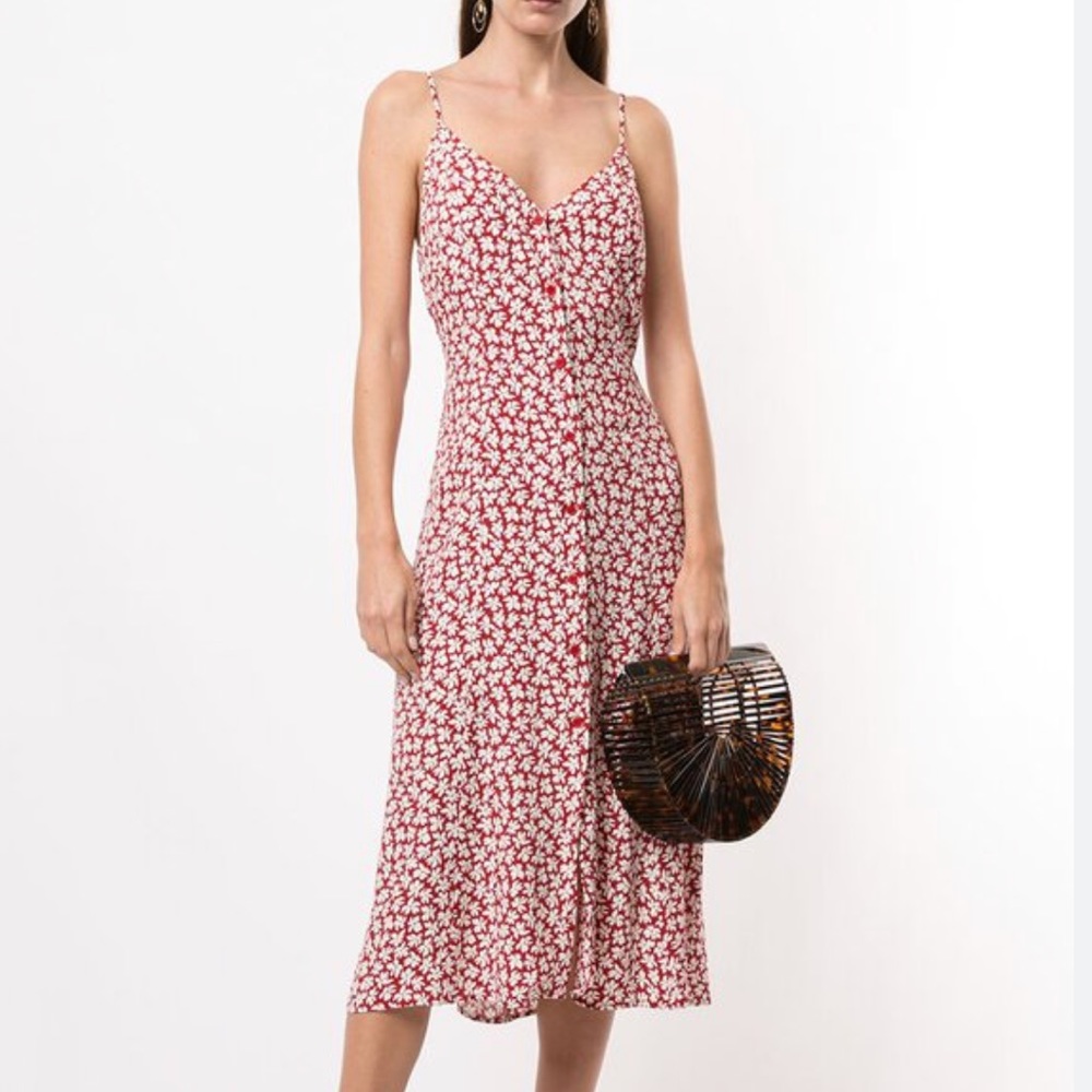 Reformation Red Button Floral Gemstone Button Up Midi Dress
